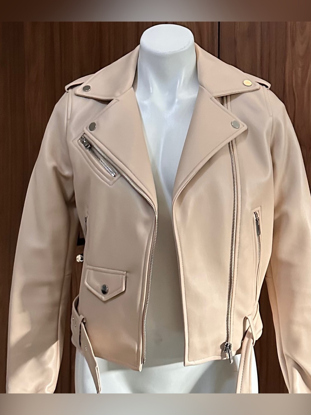 NWOT. TRUTH by Republic Beige Zip Belt Pocket Short Biker Jacket Size XS
